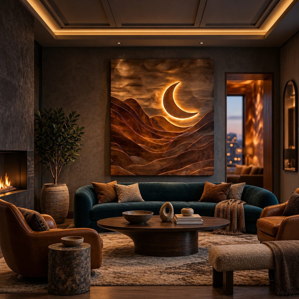 Sculptural Wood Wall Art With Carved Moon And Mountains For Bedroom