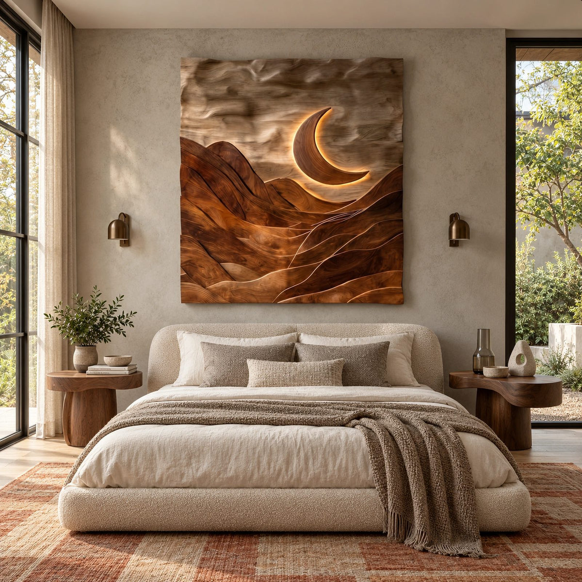 Sculptural Wood Wall Art With Carved Moon And Mountains For Bedroom