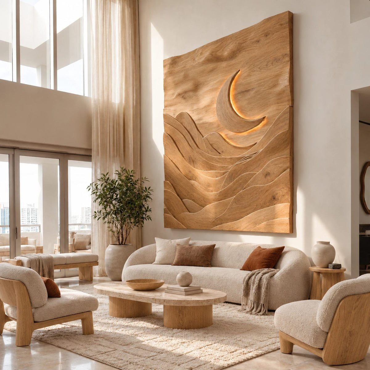 Sculptural Wood Wall Art With Carved Moon And Mountains For Bedroom
