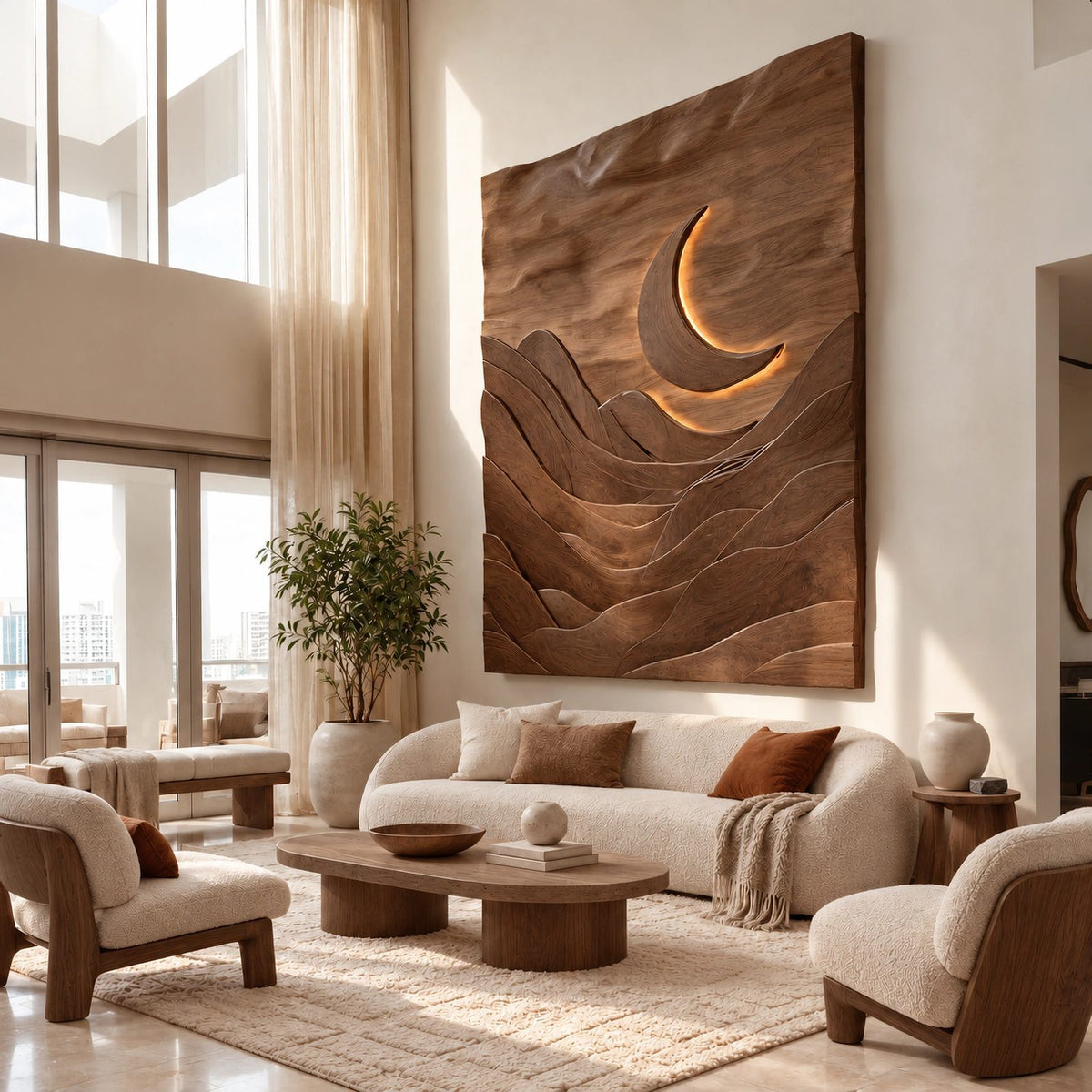 Sculptural Wood Wall Art With Carved Moon And Mountains For Bedroom