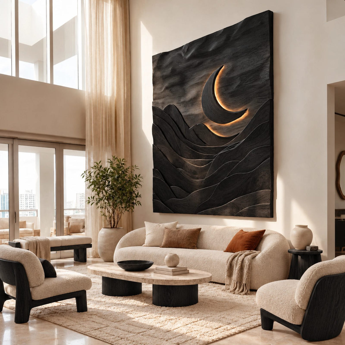 Sculptural Wood Wall Art With Carved Moon And Mountains For Bedroom