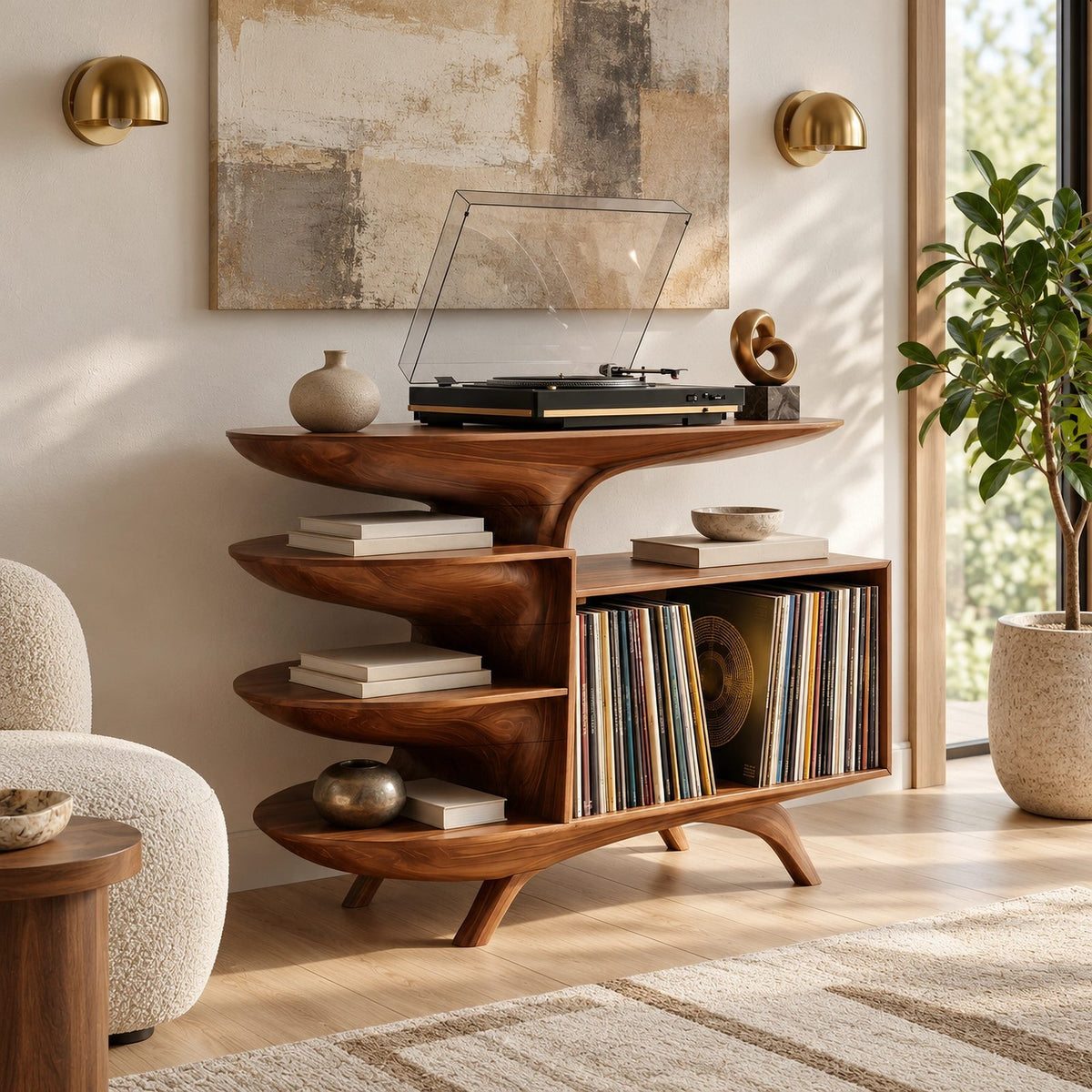 Sculptural Wood Record Stand With Three Open Shelves For Living Room
