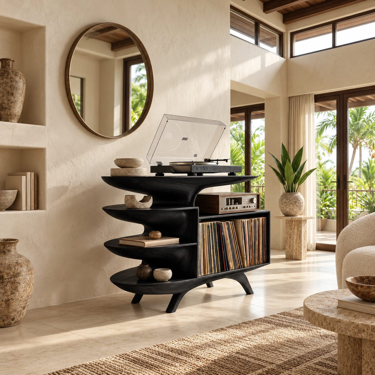 Sculptural Wood Record Stand With Three Open Shelves For Living Room