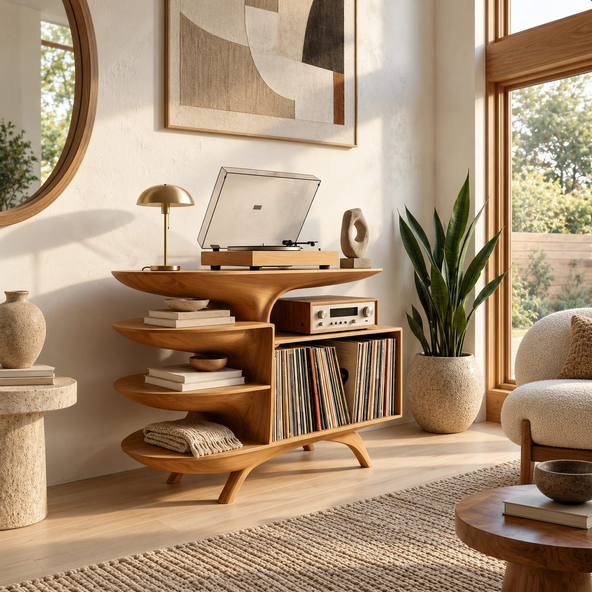 Sculptural Wood Record Stand With Three Open Shelves For Living Room