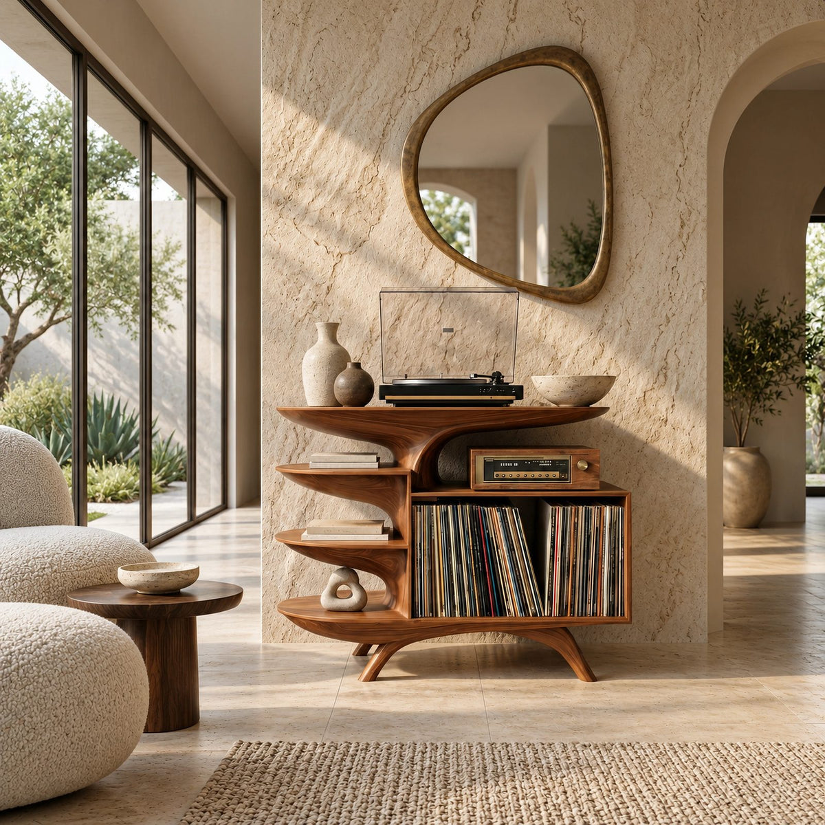 Sculptural Wood Record Stand With Three Open Shelves For Living Room