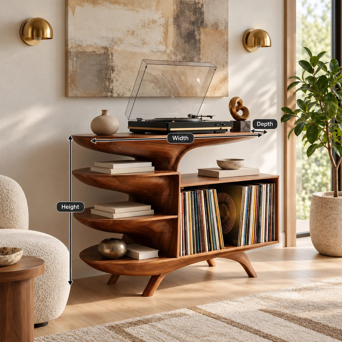 Sculptural Wood Record Stand With Three Open Shelves For Living Room