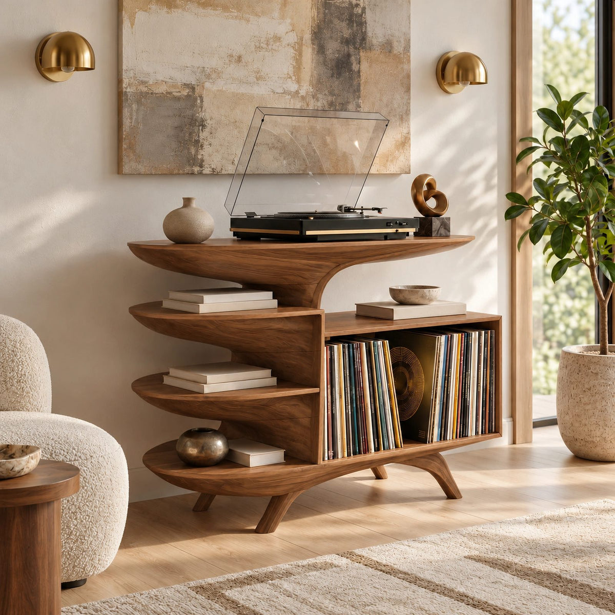 Sculptural Wood Record Stand With Three Open Shelves For Living Room