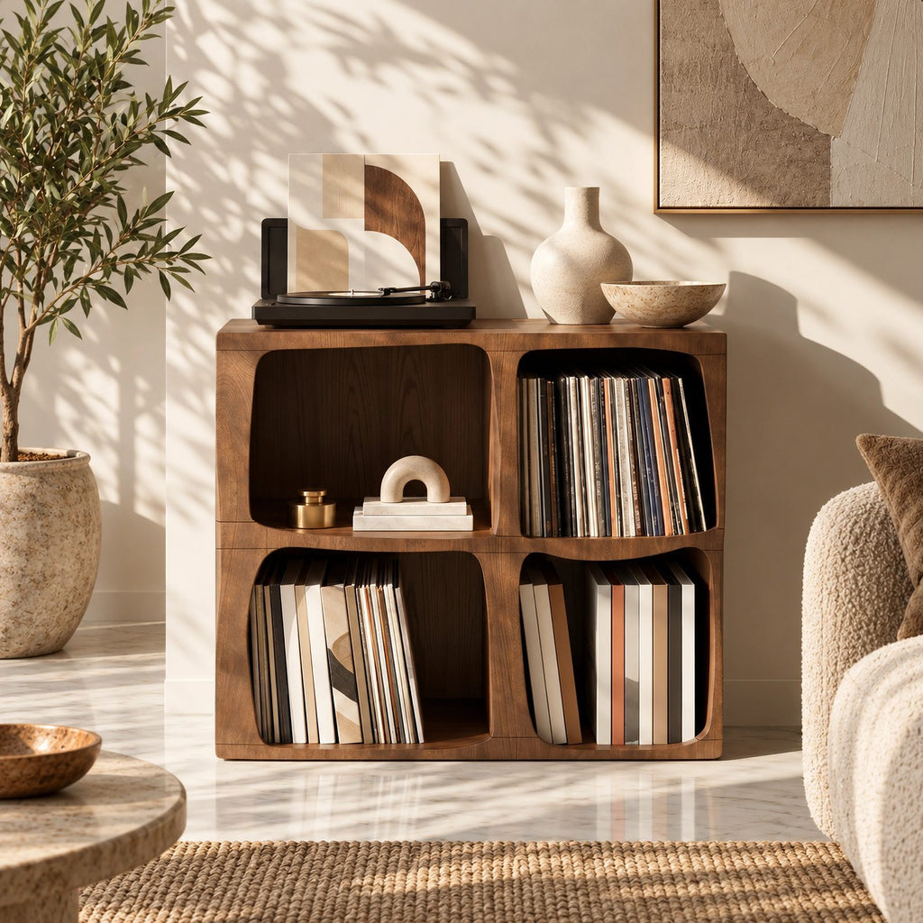 Modern Wood Cube Record Cabinet With Open Compartments For Living Room