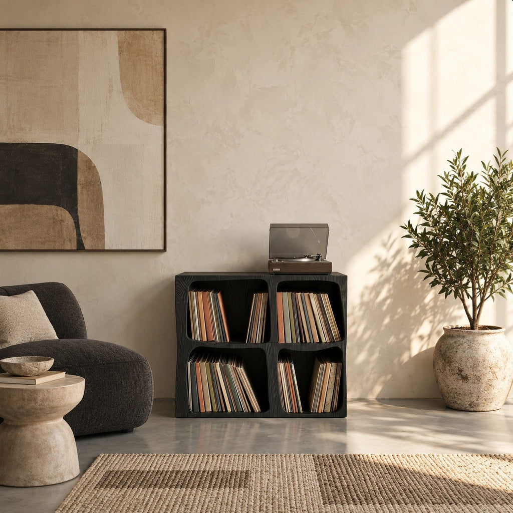 Modern Wood Cube Record Cabinet With Open Compartments For Living Room