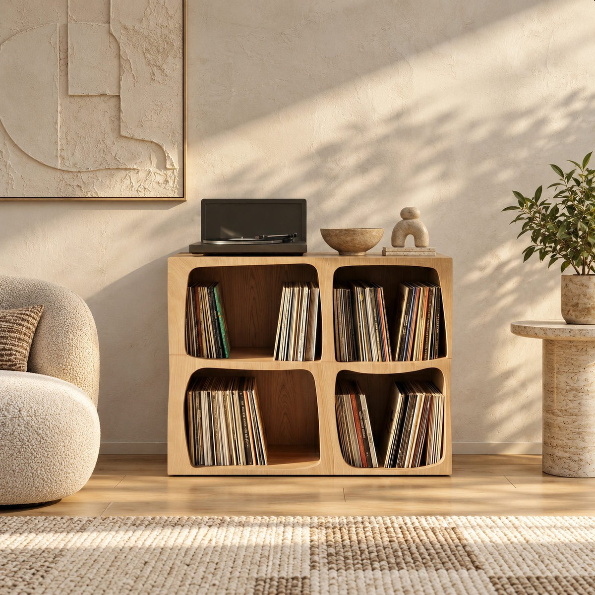 Modern Wood Cube Record Cabinet With Open Compartments For Living Room