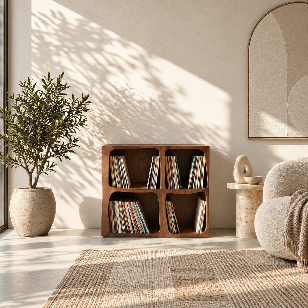 Modern Wood Cube Record Cabinet With Open Compartments For Living Room