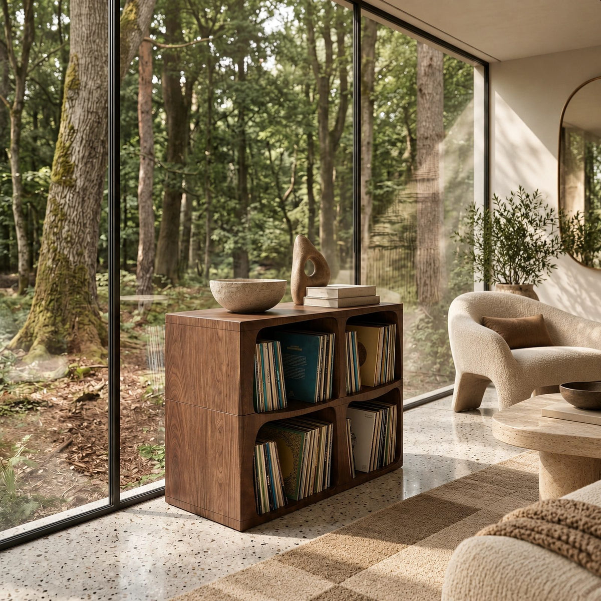 Modern Wood Cube Record Cabinet With Open Compartments For Living Room