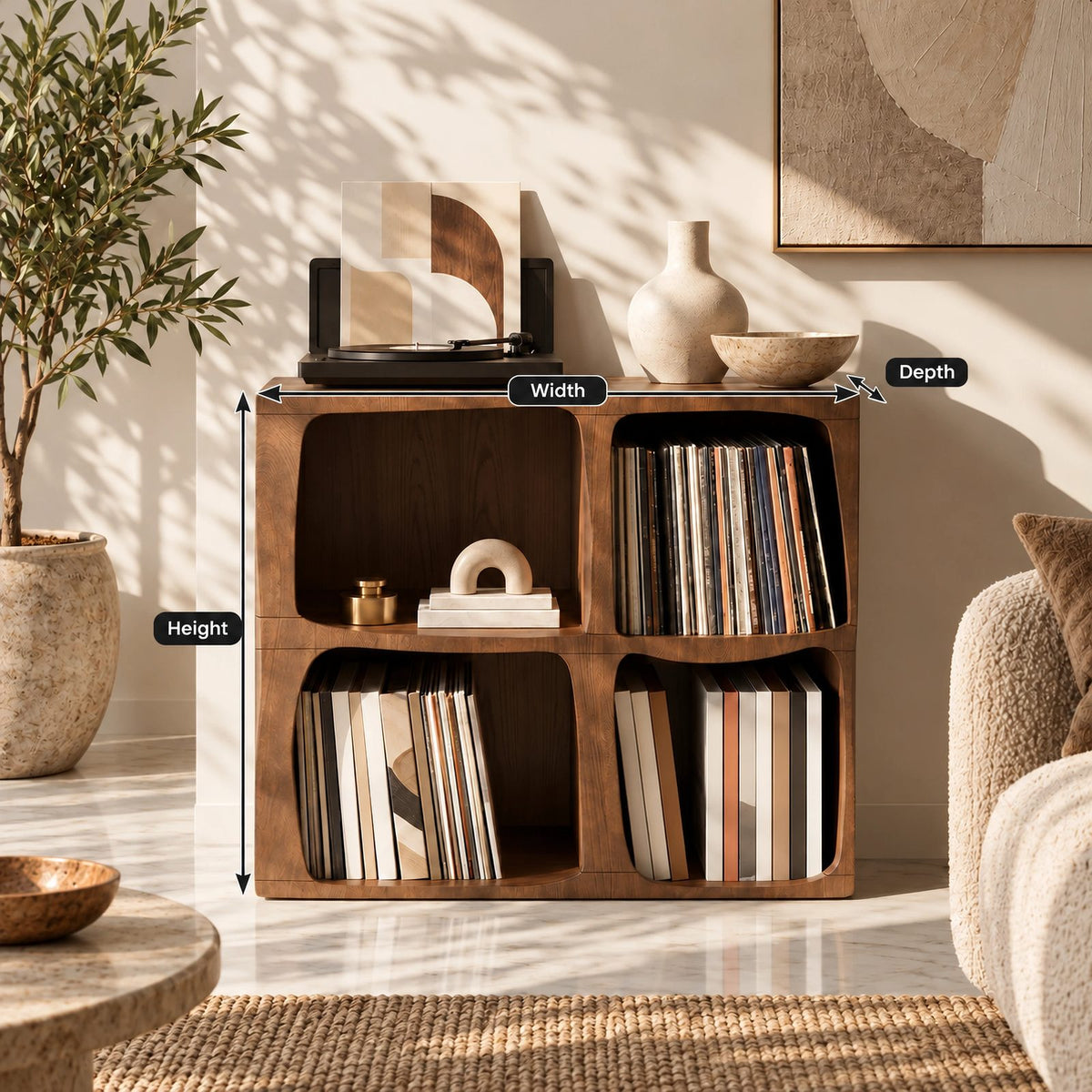Modern Wood Cube Record Cabinet With Open Compartments For Living Room
