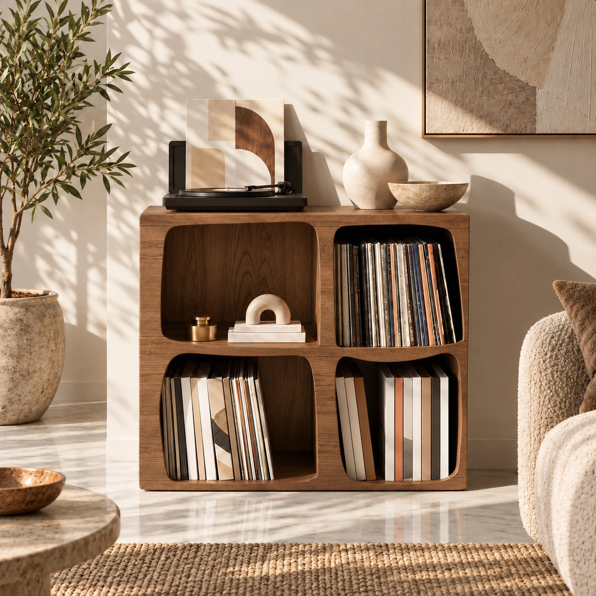 Modern Wood Cube Record Cabinet With Open Compartments For Living Room