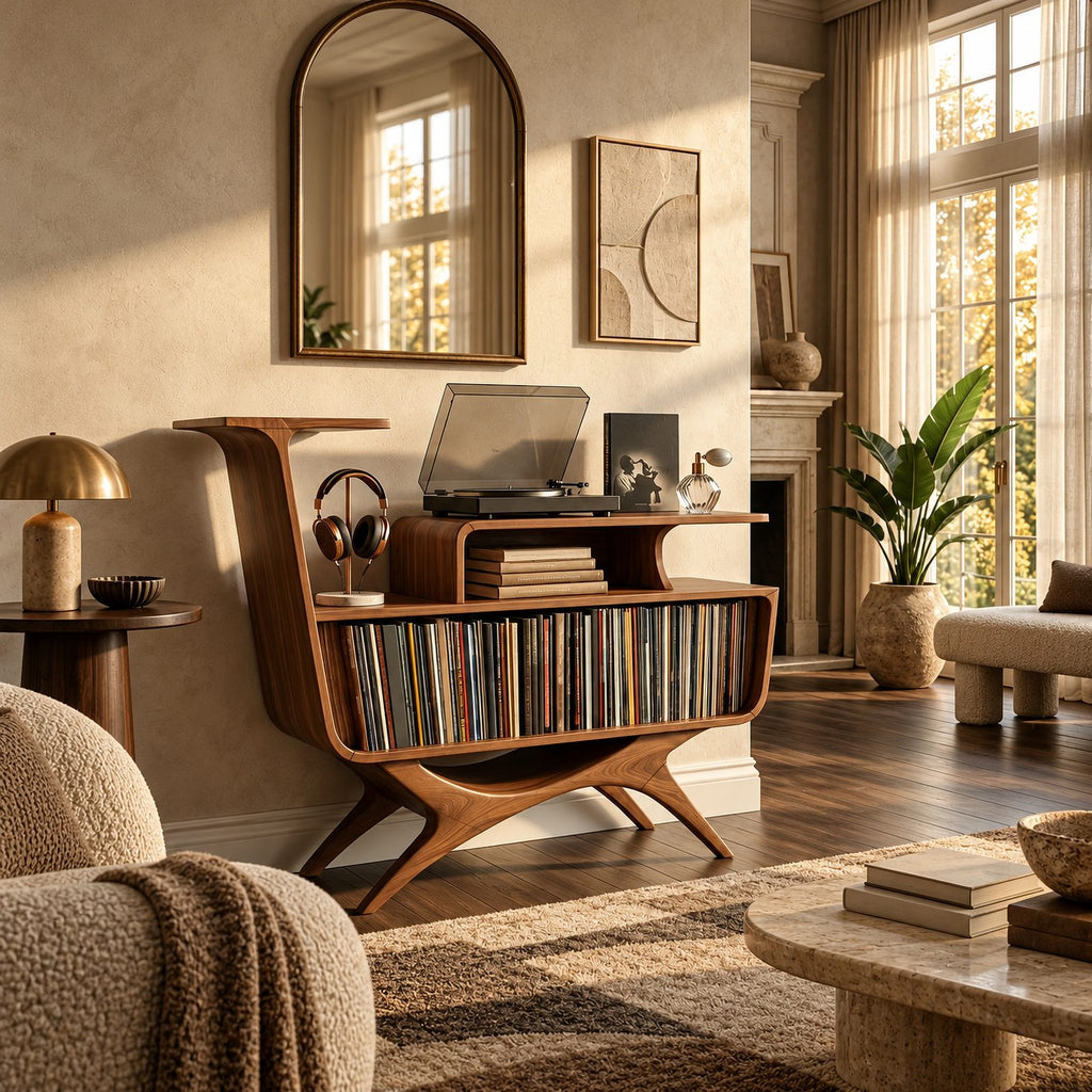 Contemporary Wood Record Stand With Flowing Open Frame For Living Room