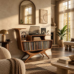 Contemporary Wood Record Stand With Flowing Open Frame For Living Room
