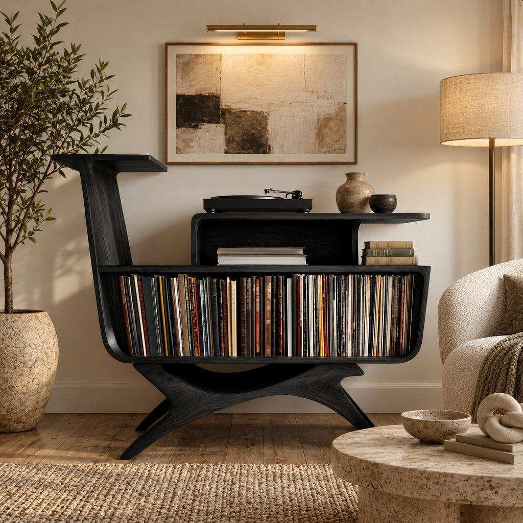 Contemporary Wood Record Stand With Flowing Open Frame For Living Room