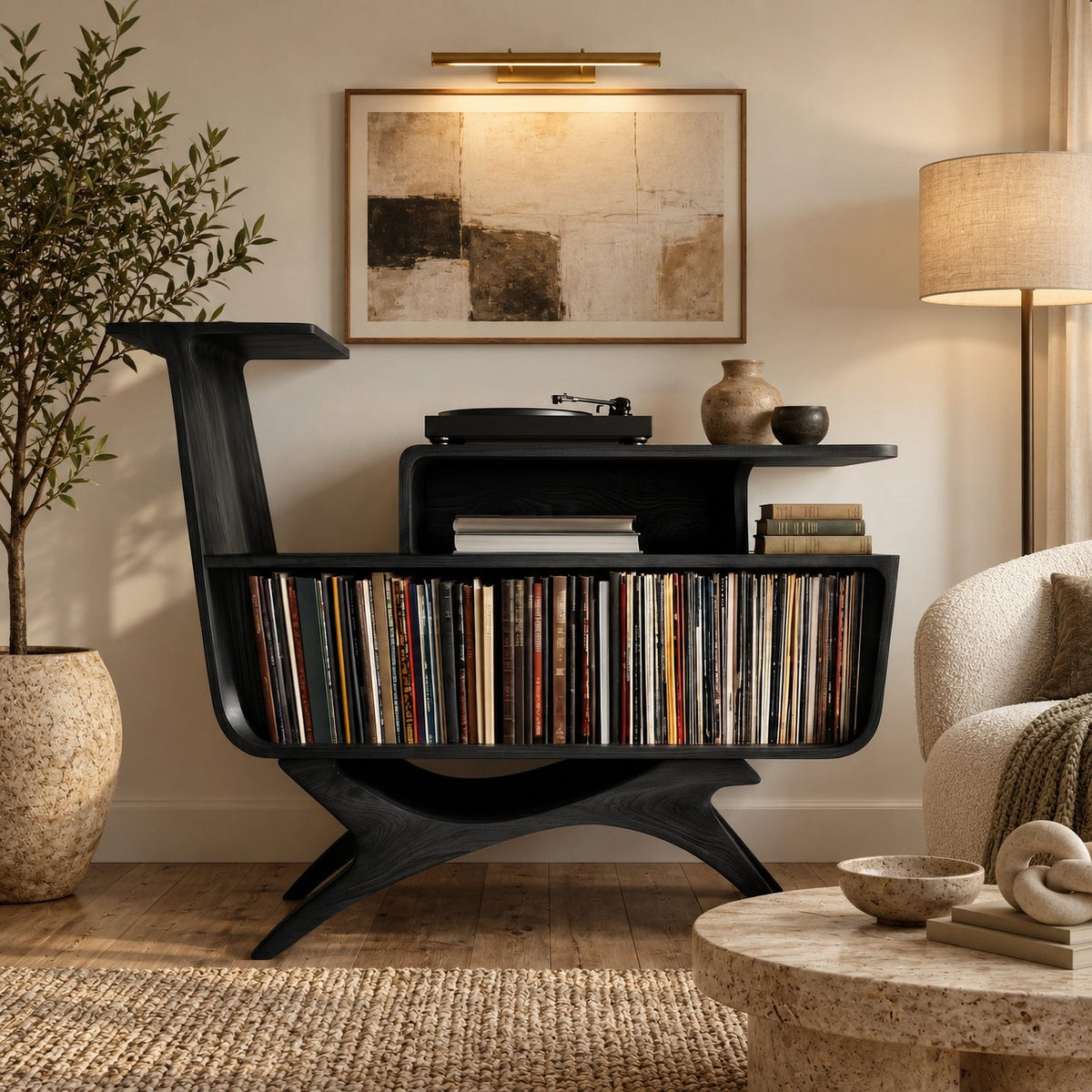 Contemporary Wood Record Stand With Flowing Open Frame For Living Room