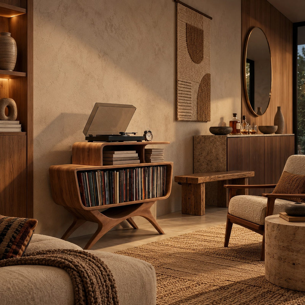 Contemporary Wood Record Stand With Flowing Open Frame For Living Room
