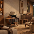 Contemporary Wood Record Stand With Flowing Open Frame For Living Room