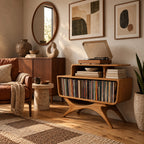 Contemporary Wood Record Stand With Flowing Open Frame For Living Room