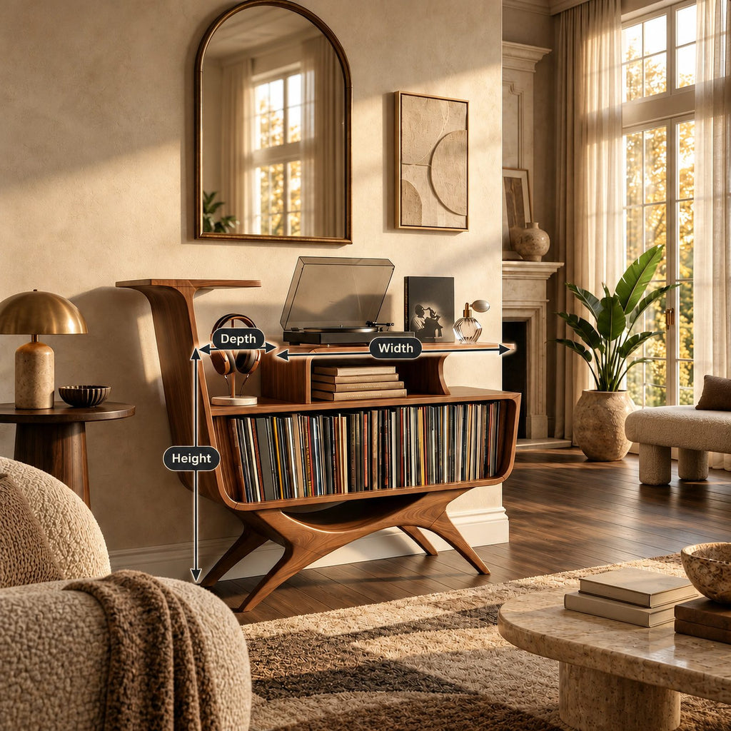 Contemporary Wood Record Stand With Flowing Open Frame For Living Room