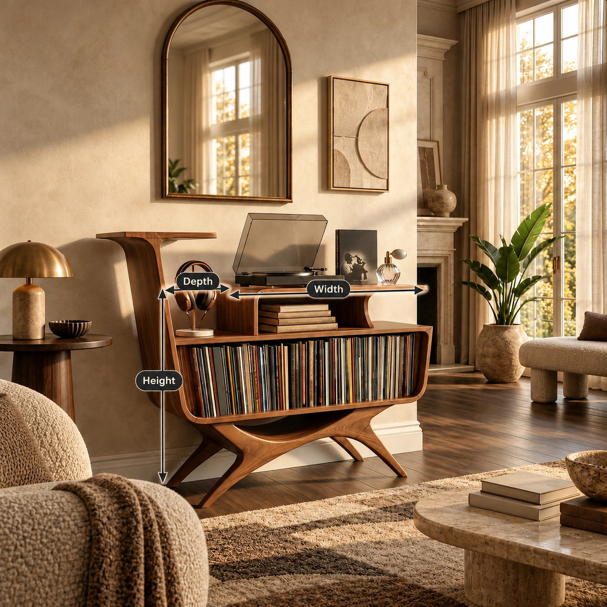 Contemporary Wood Record Stand With Flowing Open Frame For Living Room