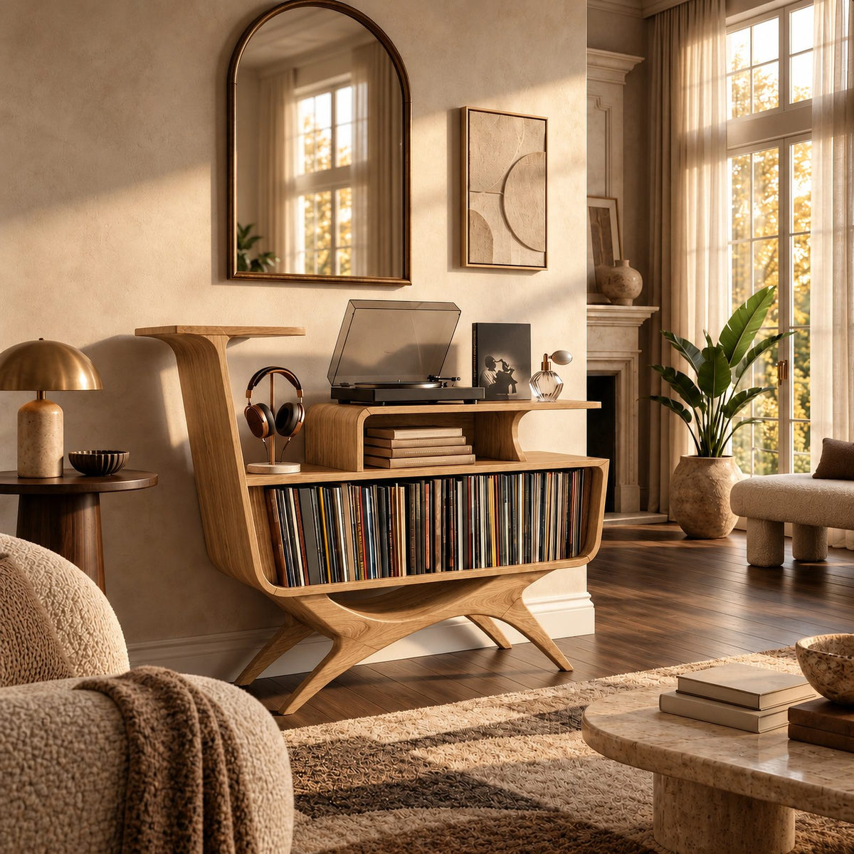 Contemporary Wood Record Stand With Flowing Open Frame For Living Room