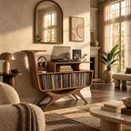 Contemporary Wood Record Stand With Flowing Open Frame For Living Room