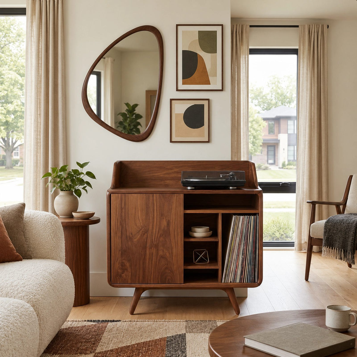 Mid Century Wood Record Cabinet With Storage Door For Living Room