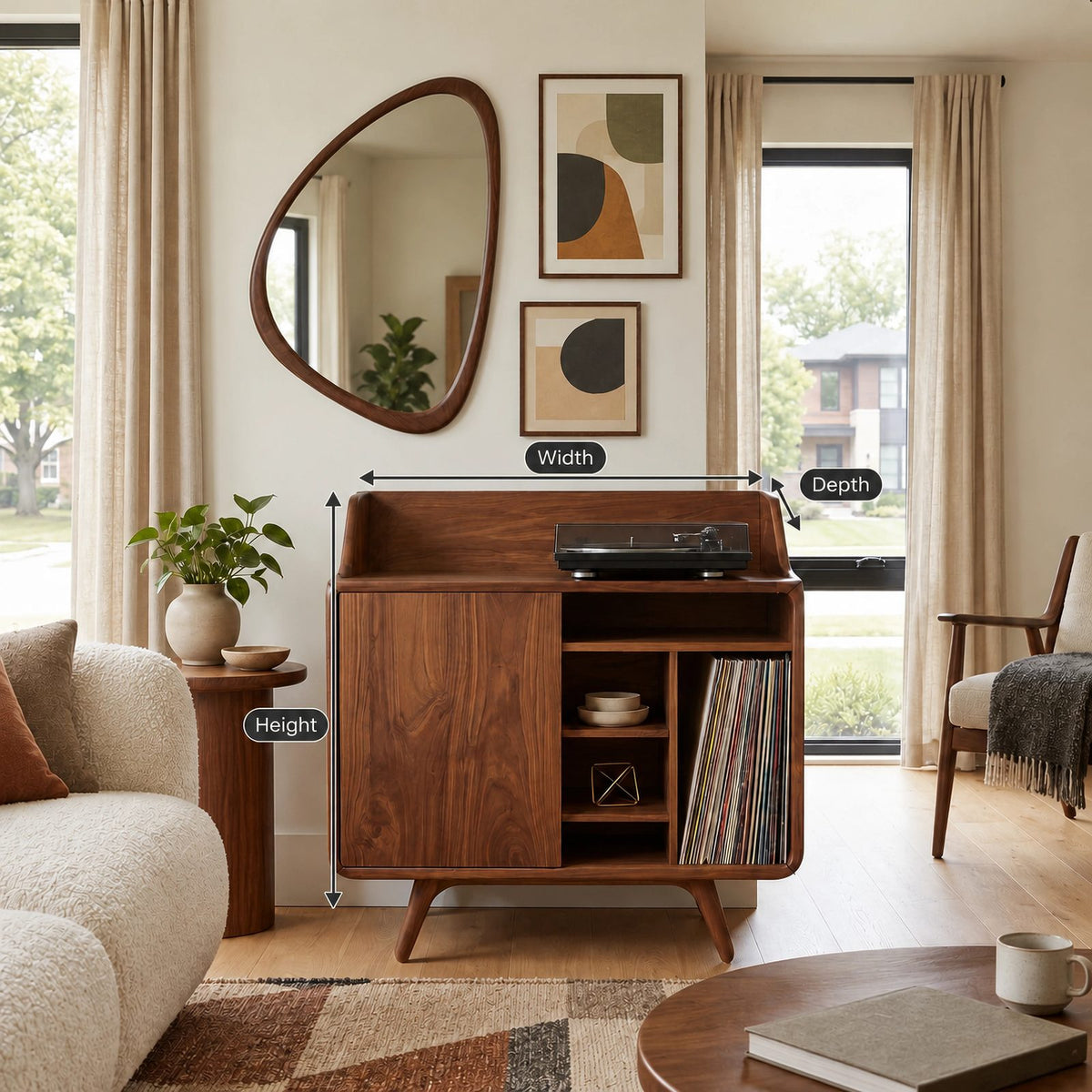 Mid Century Wood Record Cabinet With Storage Door For Living Room