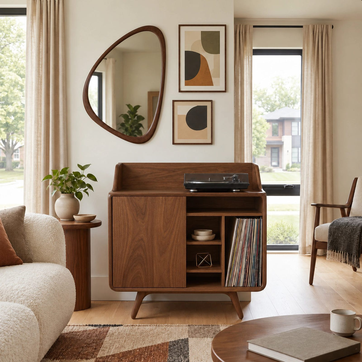 Mid Century Wood Record Cabinet With Storage Door For Living Room