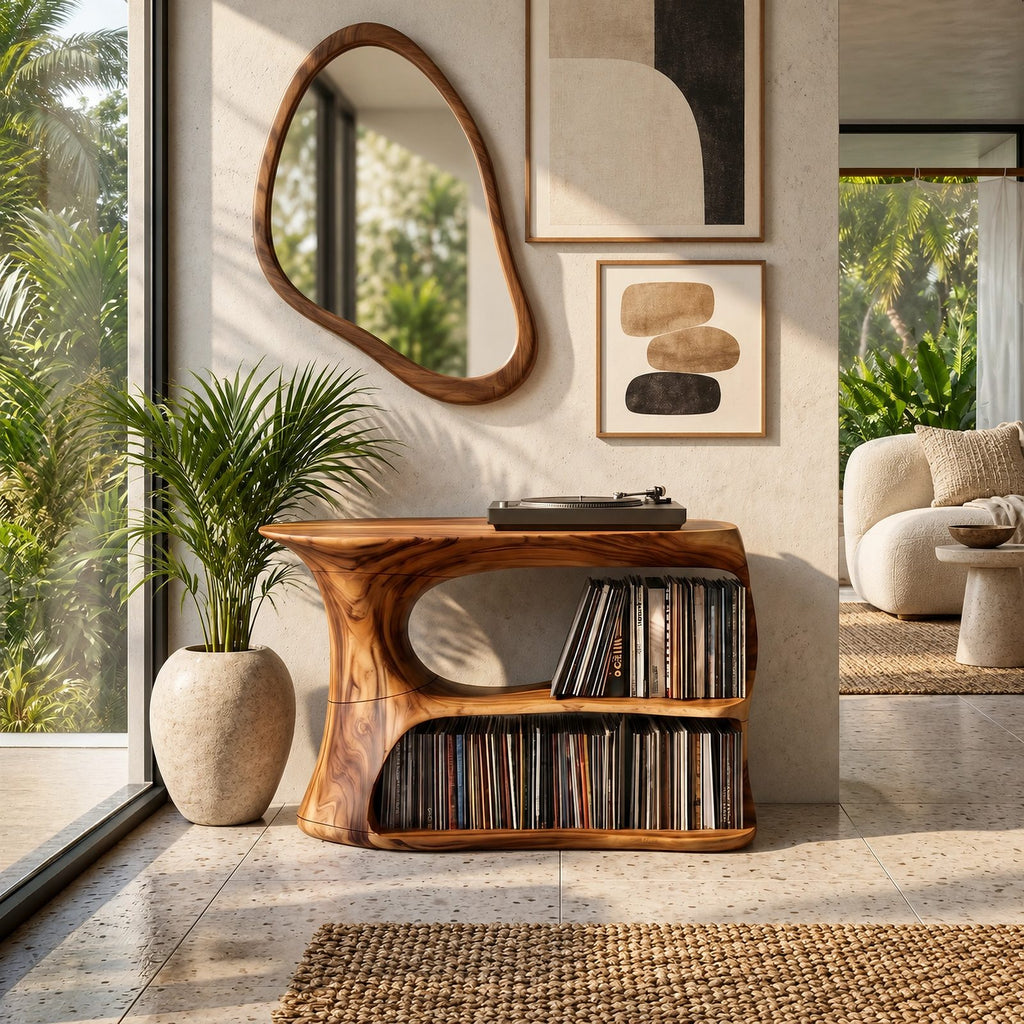 Scandinavian Wood Record Cabinet With Flip Top Lid For Living Room
