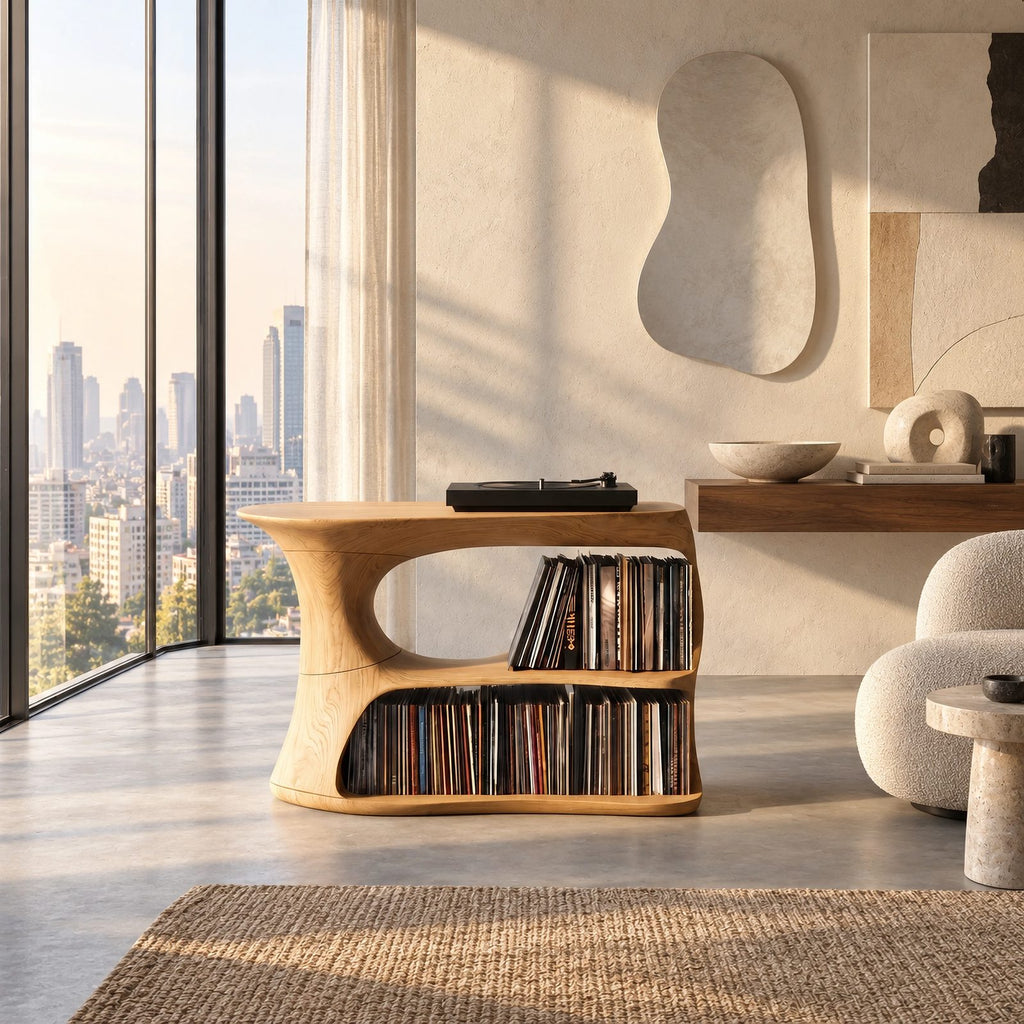 Scandinavian Wood Record Cabinet With Flip Top Lid For Living Room