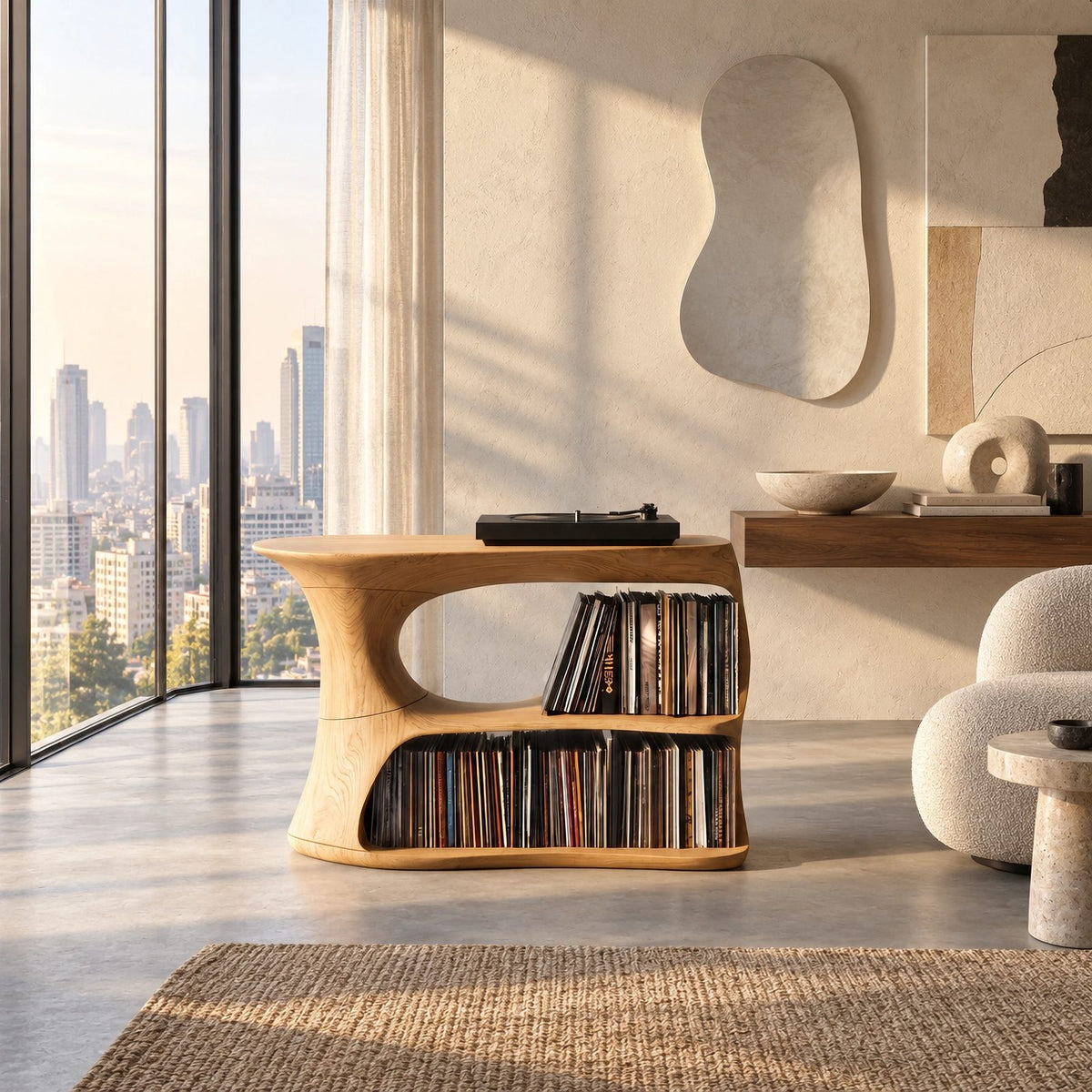 Scandinavian Wood Record Cabinet With Flip Top Lid For Living Room