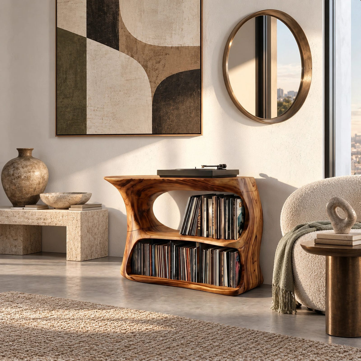 Scandinavian Wood Record Cabinet With Flip Top Lid For Living Room