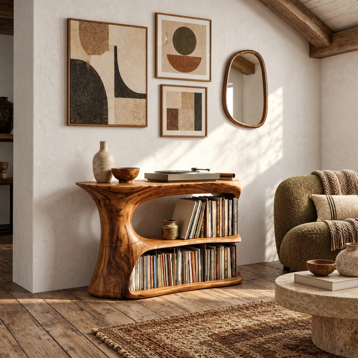 Scandinavian Wood Record Cabinet With Flip Top Lid For Living Room
