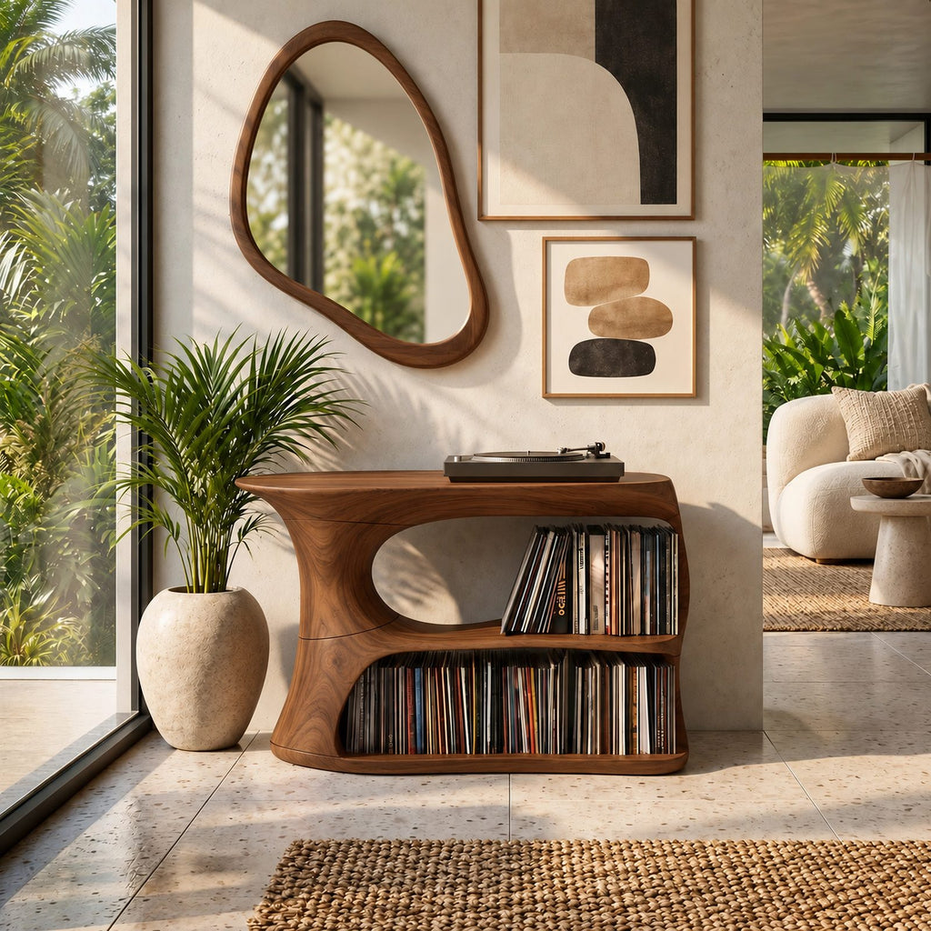 Scandinavian Wood Record Cabinet With Flip Top Lid For Living Room