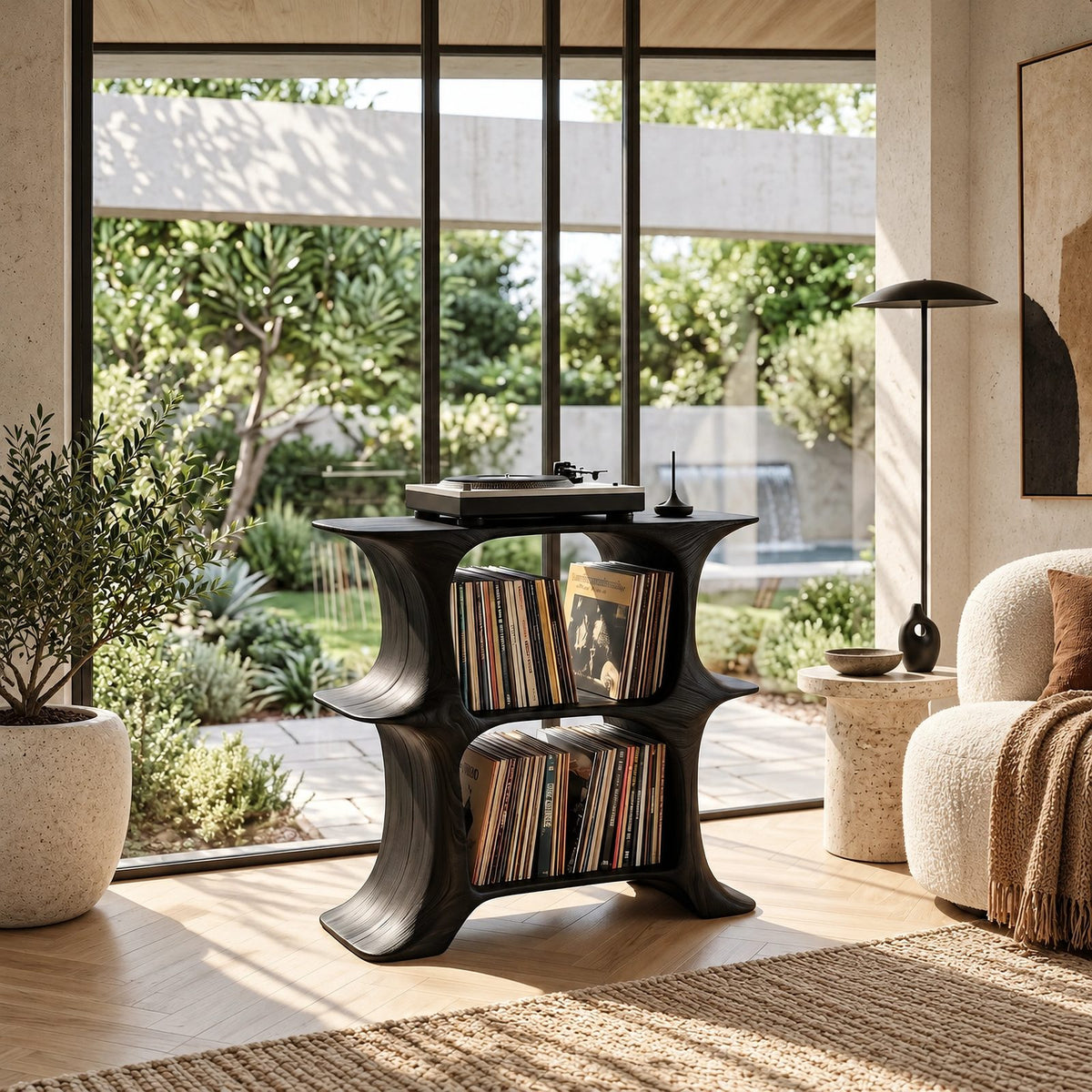 Rustic Wood Record Stand With Branch Leg Base For Living Room