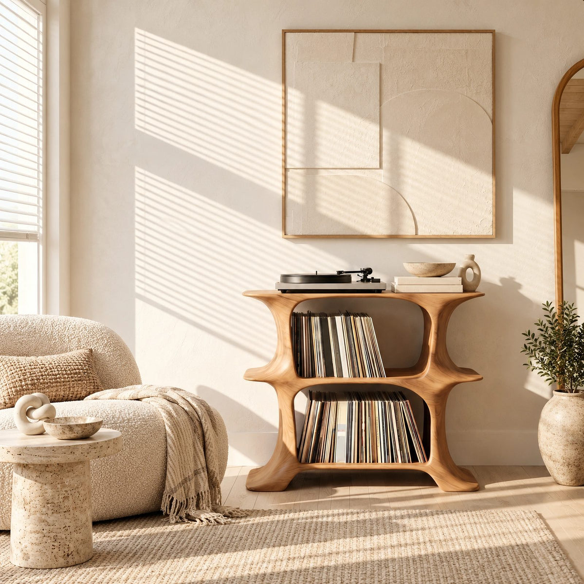 Rustic Wood Record Stand With Branch Leg Base For Living Room