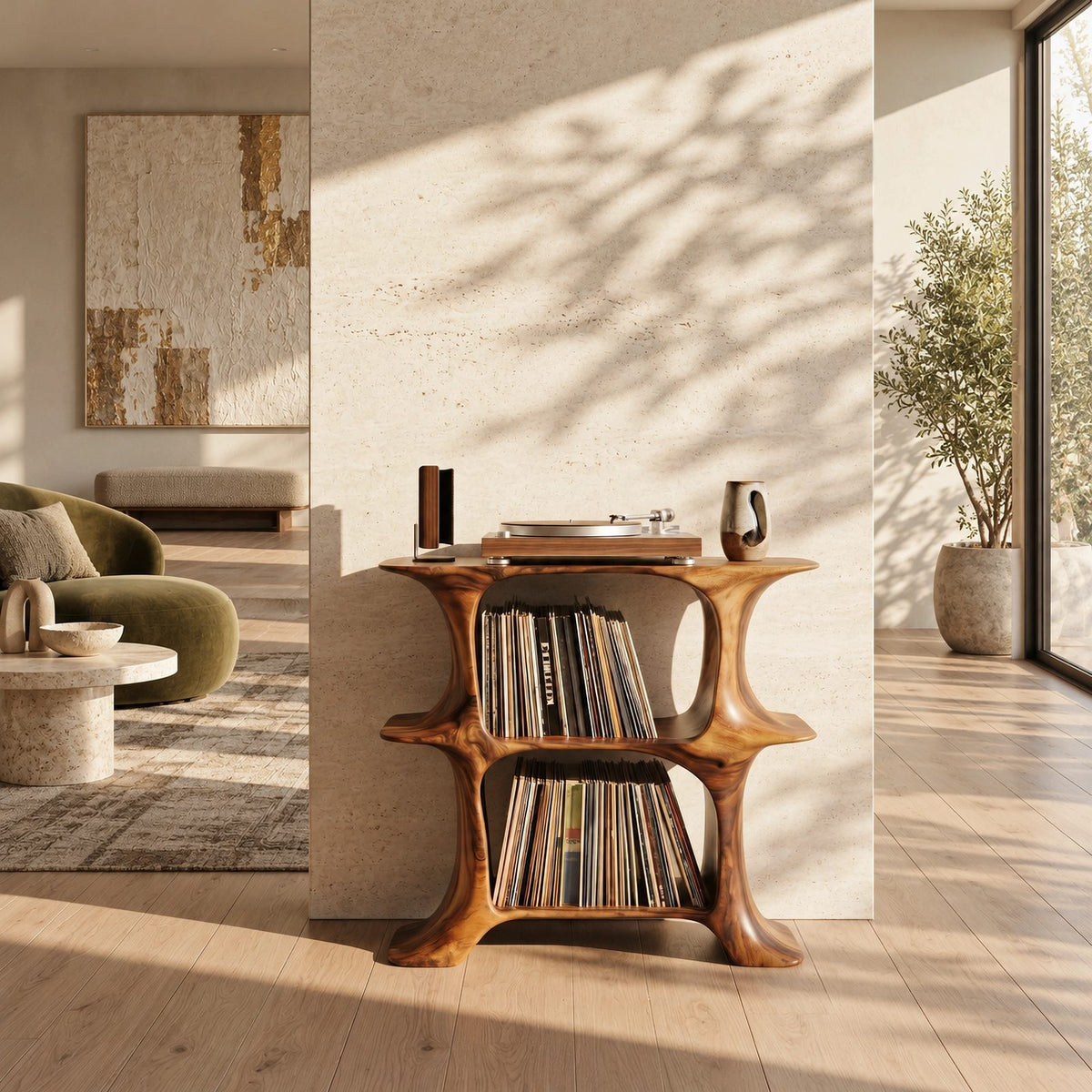Rustic Wood Record Stand With Branch Leg Base For Living Room