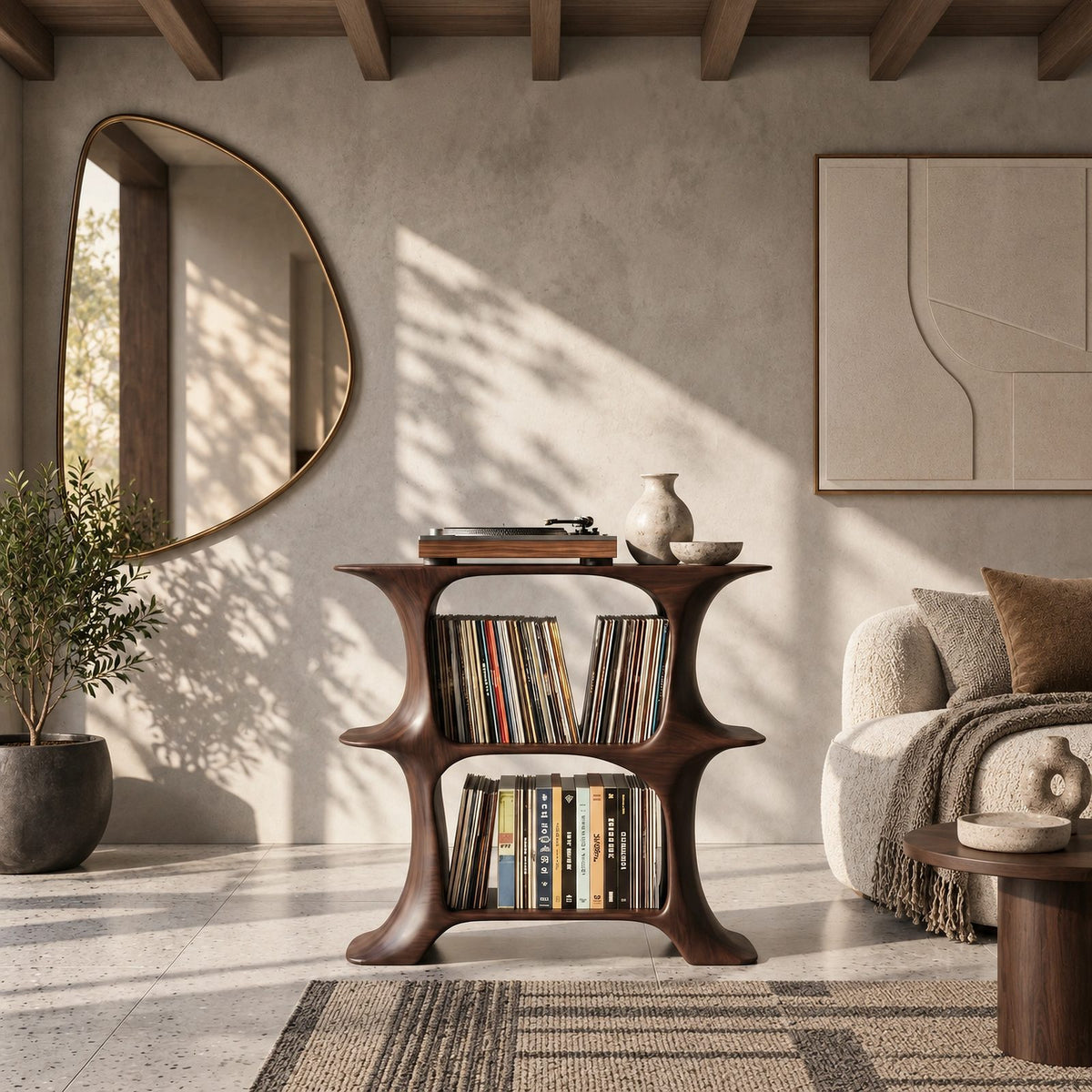 Rustic Wood Record Stand With Branch Leg Base For Living Room