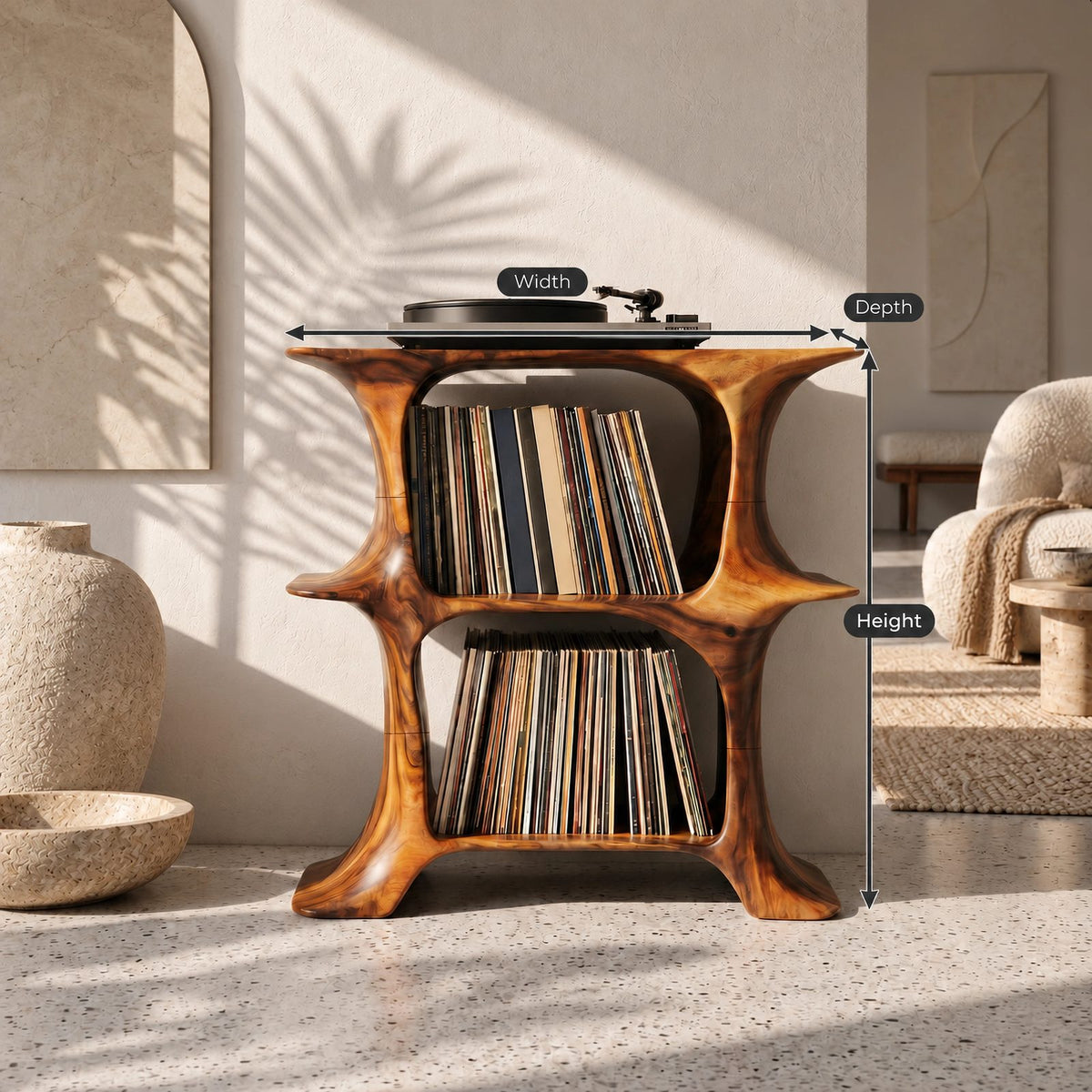 Rustic Wood Record Stand With Branch Leg Base For Living Room