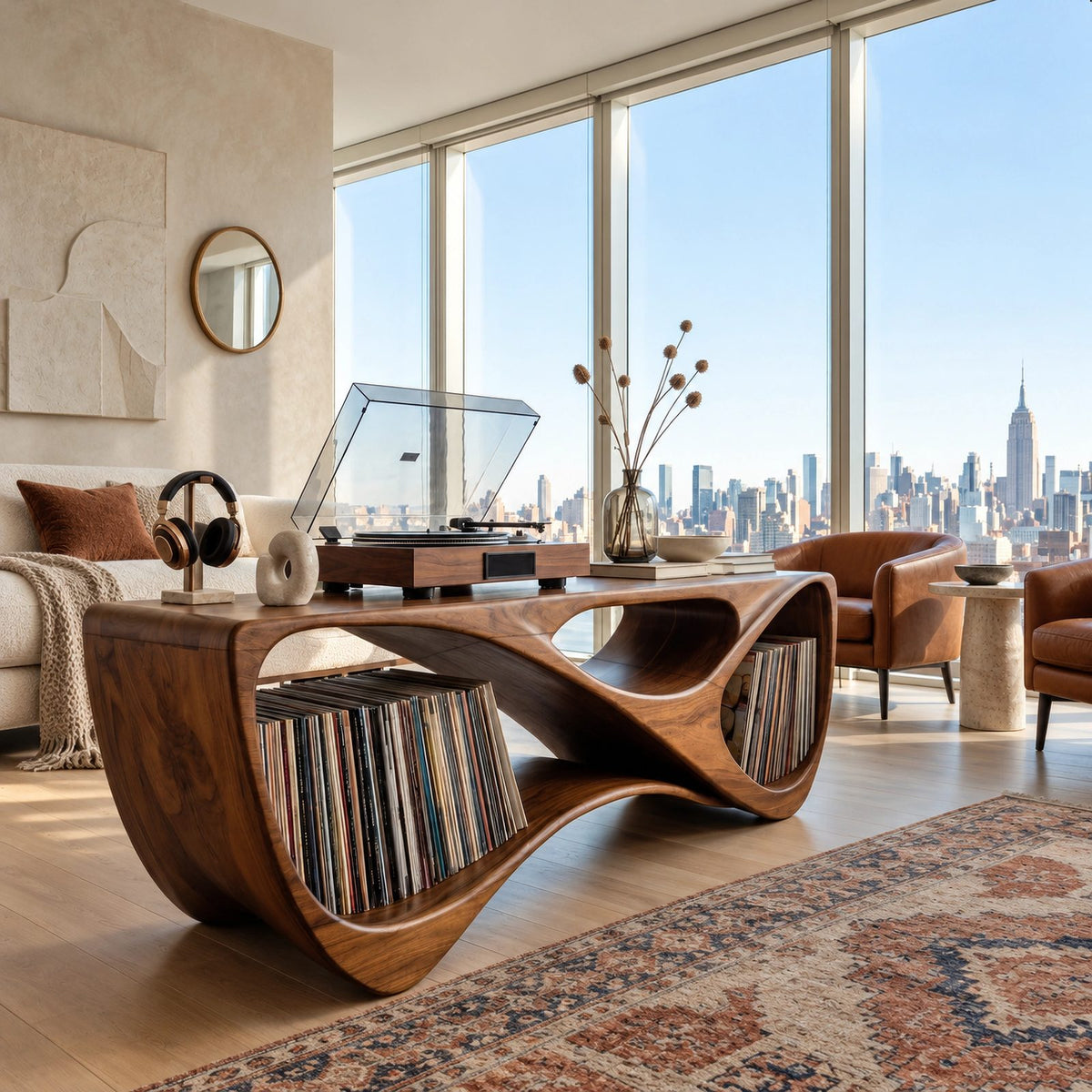 Contemporary Looped Wood Record Console For Living Room