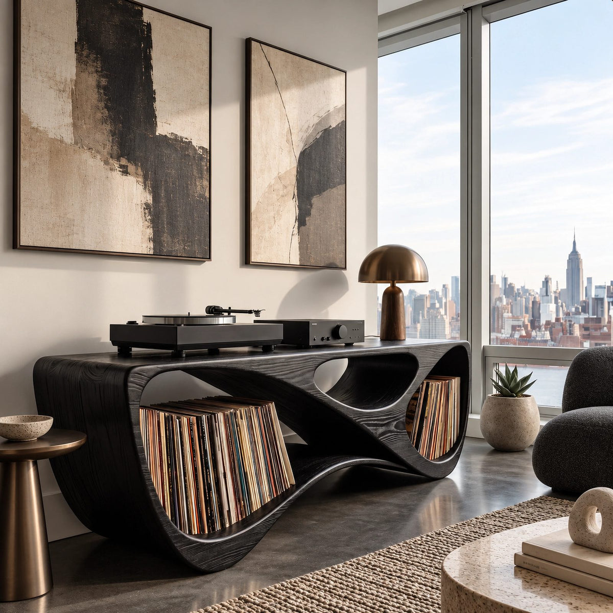 Contemporary Looped Wood Record Console For Living Room