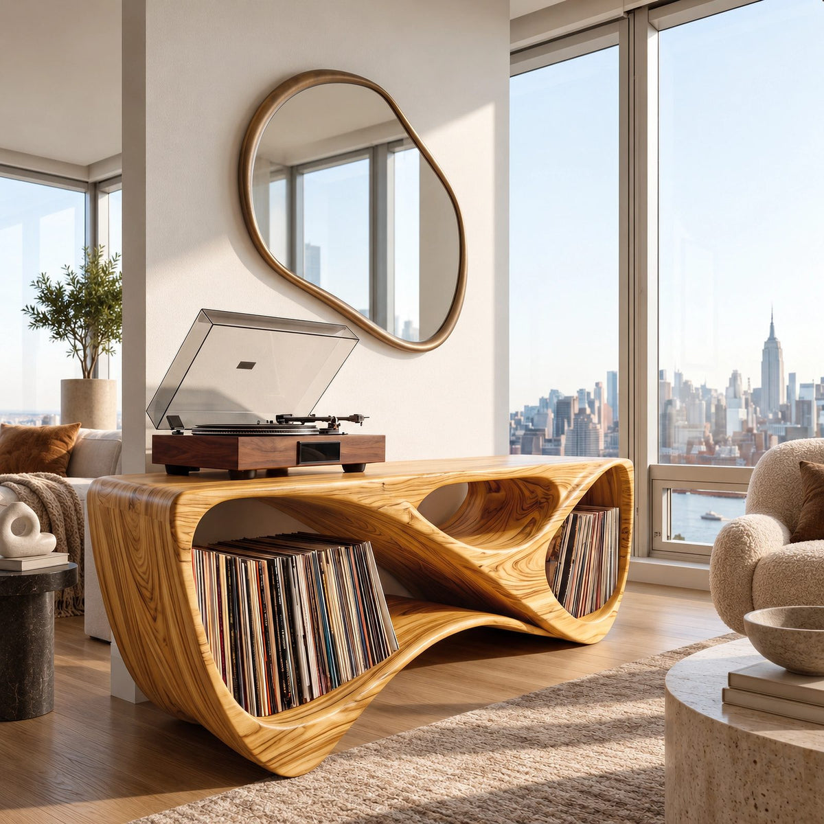 Contemporary Looped Wood Record Console For Living Room