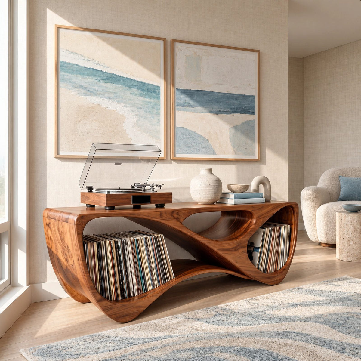 Contemporary Looped Wood Record Console For Living Room