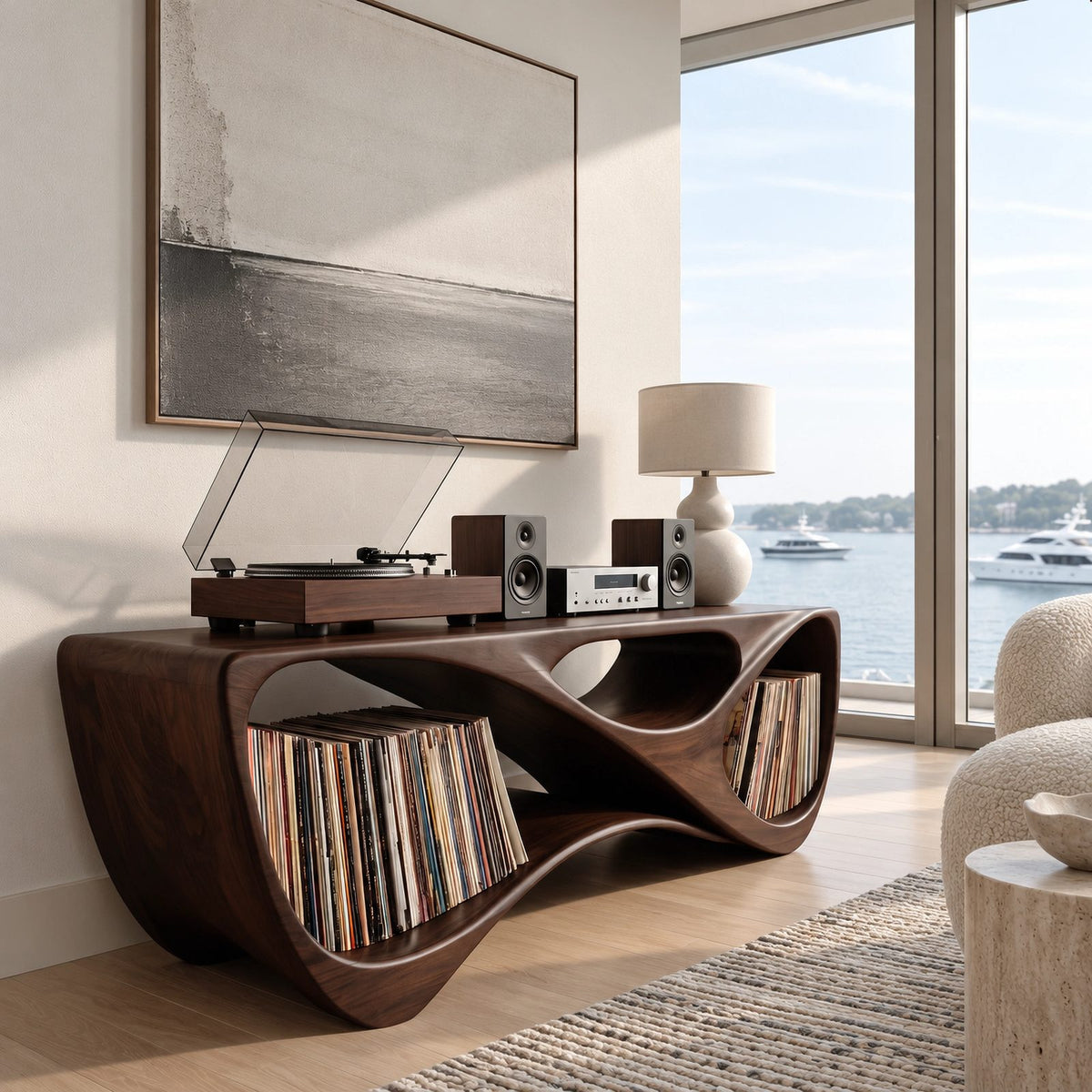 Contemporary Looped Wood Record Console For Living Room