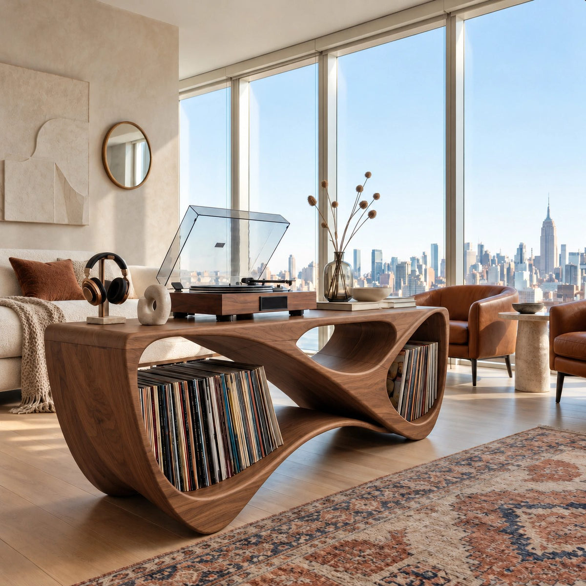 Contemporary Looped Wood Record Console For Living Room