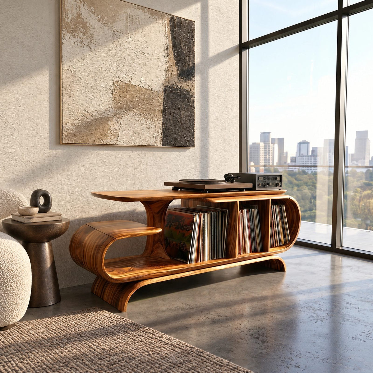 Organic Wave Wood Record Cabinet With Open Shelf For Living Room